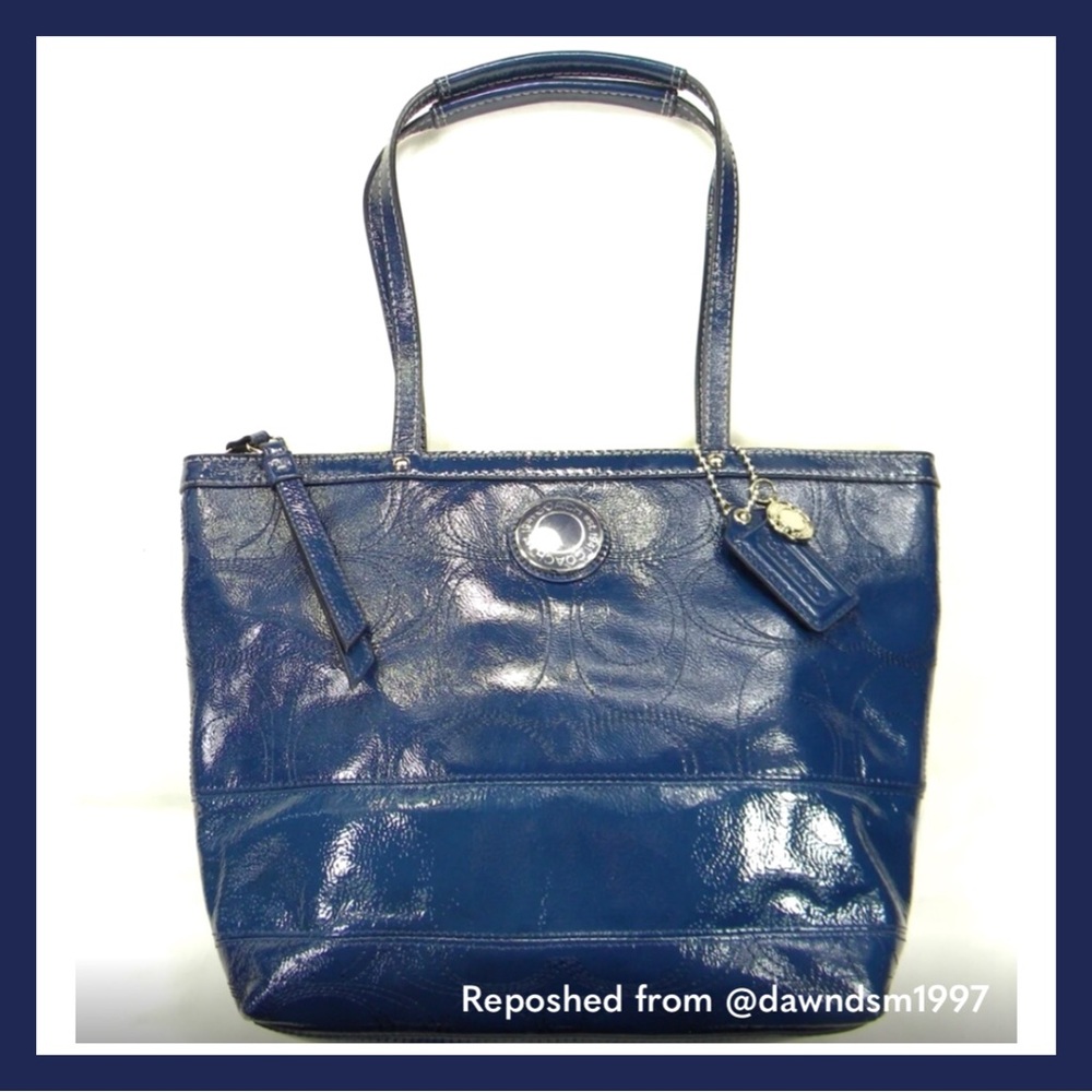 Coach Patent Marine Navy Blue Leather Logo Mini Tote Purse